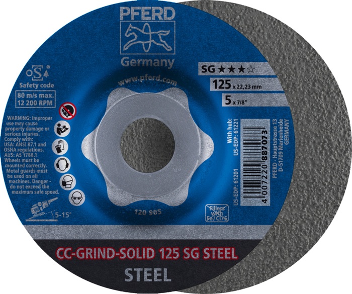 Schleifscheibe CC-GRIND-SOLID SG STEEL D125xSmm gekr.STA Bohr.22,23mm PFERD